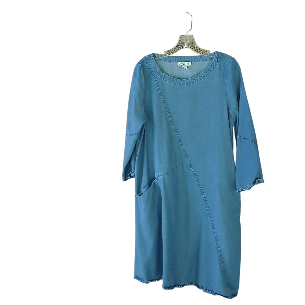 Coldwater Creek Denim Blue Crew Neck 3/4 Sleeve Lyocell Shift Dress Size Small